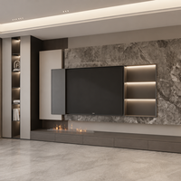 Meuble TV mural moderne de luxe en bois avec cheminée électrique, étagères LED aspect pierre, rangement, meuble TV flottant pour salon