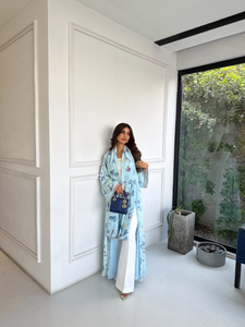 LEDUO Handmade Light Blue Ocean-Themed Printed Abaya with Classic Cut and <b>Matching</b> Shawl for Women - Product Image 3