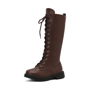 <b>Knee</b>-<b>High</b> Boots Leather Lace-Up Round Toe Flat Heel Anti-Slippery Rubber Outsole All Seasons Women's Shoes Drop Shipping - Product Image 2