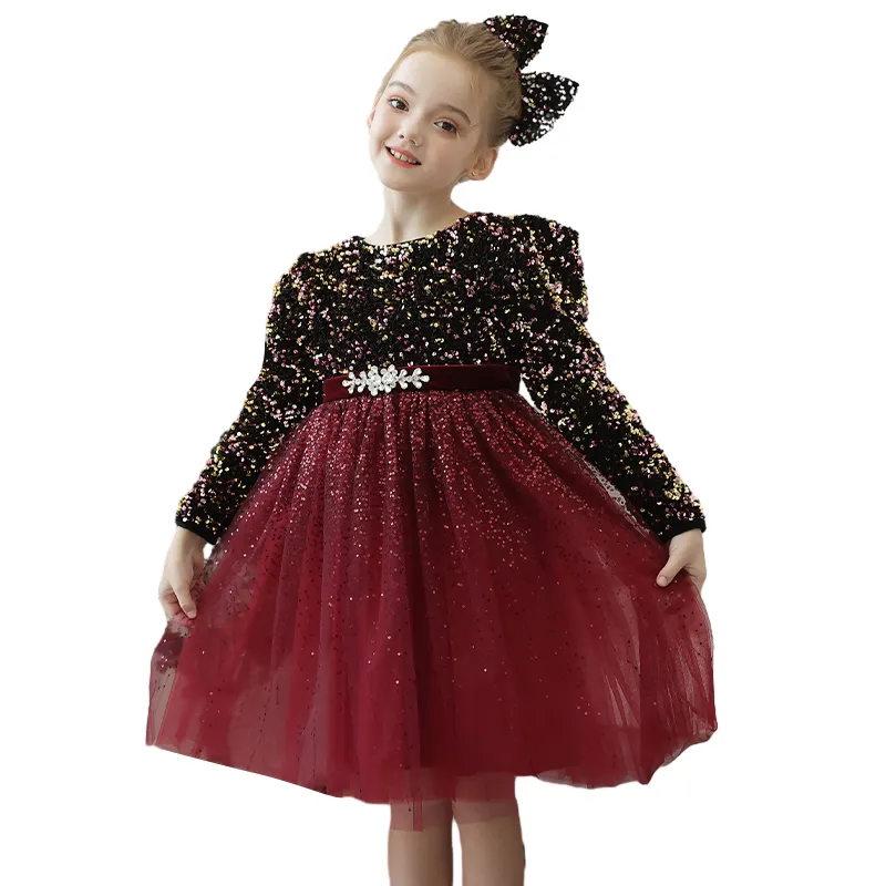 New round neck sequin dress Girl Party dress Beautiful baby girl dance show vestido de baile vermelho para crianças