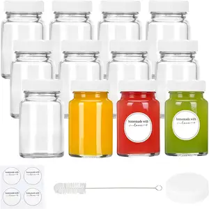 12Pcs 2Oz Glass Mini Shot Juice Bottles For Potion Ginger Shots Oils With Waterproof Stickers Brush Caps