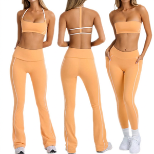 High Waist <b>Flared</b> <b>Leggings</b> With Side Stripe Solid Color Yoga Pants Breathable Full Length Women's Workout Wear - Product Image 3