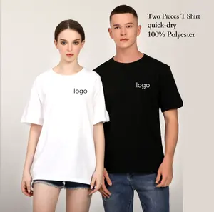 HIC-Camiseta de manga corta con logotipo personalizado, camiseta de poliéster con estampado de logotipo personalizado en blanco y negro, paquete de valor, cuello redondo, 2 piezas