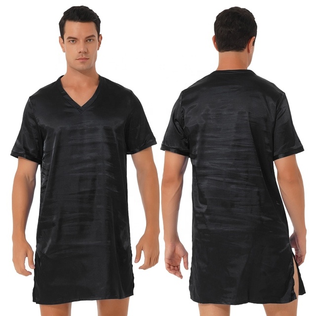 Satin Nightgown V Neck Short Sleeve Sleepwear Night Clothes Homewear Sleeping Wear for Men