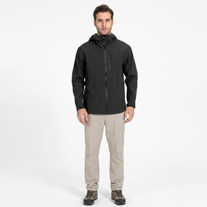 Veste imperméable à capuche pour homme, légère, en polyester, décontractée, coupe-vent, respirante, fermeture éclair, couleur unie noire, pour l'automne - Product Image 1