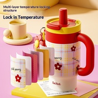 Bouteille d'eau isotherme double paroi en acier inoxydable avec poignée, grande capacité, élégante, pour femmes, avec paille et motif dessin animé mignon, pour étudiants