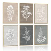 Set 6 Gambar Tanaman Berbingkai Emas, Seni Garis Botani, Gambar Tanaman Putih Poppy Ginkgo Mint Herbarium, Dekorasi Dinding Minimalis Mewah untuk Hotel