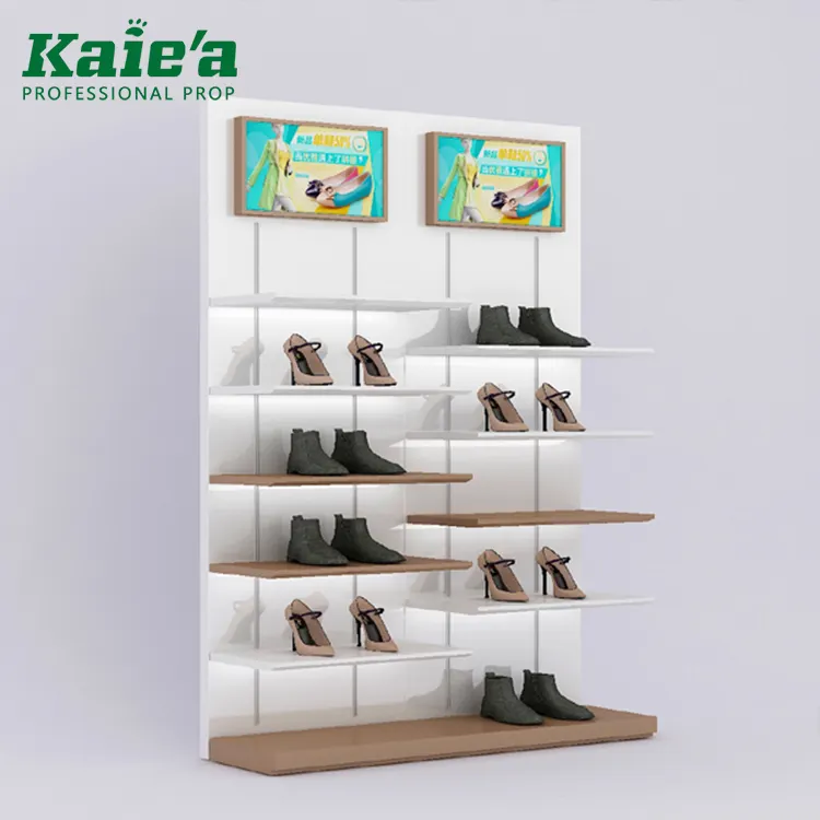 Exhibidor de madera para tienda de zapatos, accesorios de exhibición para tienda de zapatos