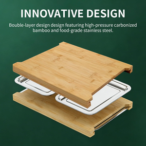 Grande planche à découper rectangulaire en bambou avec deux plateaux coulissants en acier inoxydable, surface huilée, logo gravé au laser, épaisseur 6,5 cm - Product Image 5