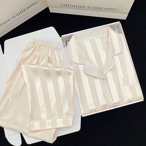 Fashion Selling Satin Women's Pajamas New Ice Silk Thin Satin Cardigan Lapel Long Sleeve Home Wear Set