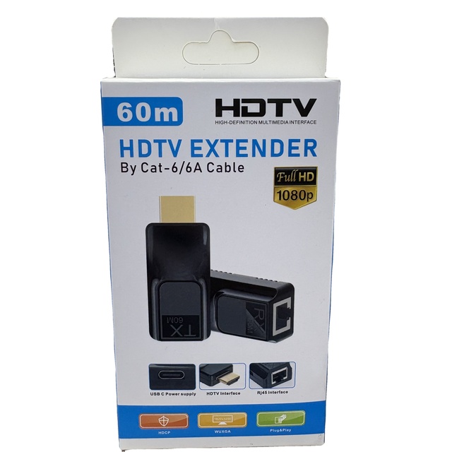 60M HDTV Extender Over Cat6/Cat6A Ethernet Cable 1080P Full HD Video Transmitter Receiver for TV Monitor Projector