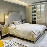 Lit mural en bois massif de style rétro américain, luxe léger, 1,8 m/1,5 m, chambre principale, lit de mariage, revêtement en cuir véritable, or champagne