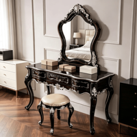 Ensemble coiffeuse baroque européen en bois massif, table de toilette sculptée de luxe avec miroir et tabouret, mobilier de chambre OEM ODM en gros