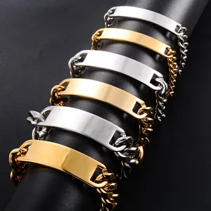 Pulsera de Acero Inoxidable de 22cm con Etiqueta en Blanco para Hombre y Mujer, Estilo Punk, Brazalete Curvo con Barra, Cadena Cubana, Joyería Metálica - Product Image 5
