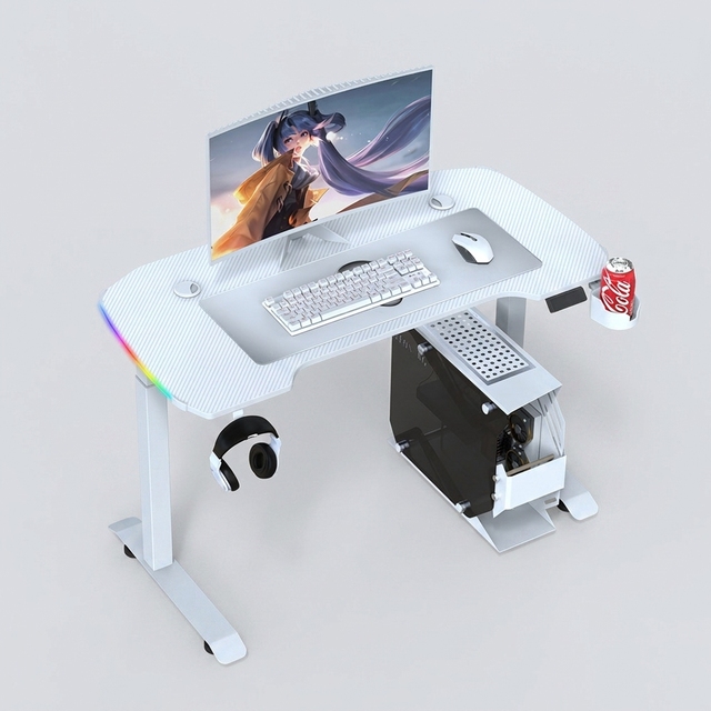 OEM1600*600mm Single Motor Smart Height-adjustable , Carbon Fiber Iridescent LED Ambient Light, E-sports, Gaming Computer Table