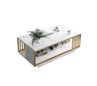 Table basse moderne de luxe en MDF avec étagère de rangement, élégante table centrale de salon avec cadre en métal doré, mobilier de maison