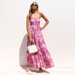 Oem Bohemian Ladies Long Strapless Print Ruffle Smocking <strong>Elastic</strong> Tube <strong>Top</strong> Bloom Printed Tie up Waist Casual Holiday Maxi <strong>Dress</strong> - Product Image 4