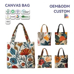 Customizable Full Plate Printing Multiple Sizes Vintage Floral Canvas Tote <b>Bag</b> Eco-Friendly Reusable OEM ODM Daily Shopping <b>Bag</b> - Product Image 1