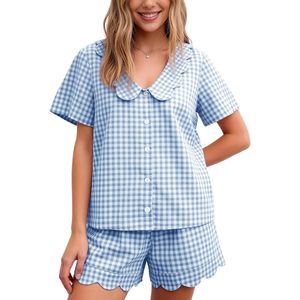 Conjunto de Pijama Casual para Mujer, Tejido Suave, Cuadros, 2 Piezas, Camisa de Manga Corta, Pantalones Cortos, Cuello Festoneado, Estilo Y2K - Product Image 1