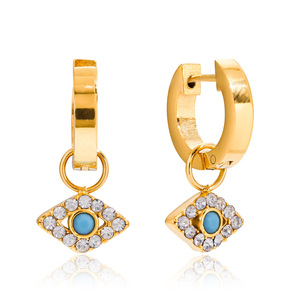 Geometric Evil Eye Hoop Earrings Gold Tone Crystal Inlay Everyday Wear Stainless Steel Jewelry Women - Product Image 5