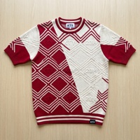 Pull à col rond pour homme avec logo personnalisé, design jacquard, manches courtes, lignes géométriques, pull à manches courtes pour homme