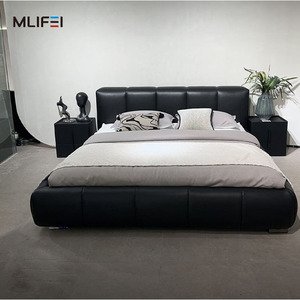 Mlifel Italian Style Genuine Leather Bed Double Size Modern Minimalist Upholstered <b>Headboard</b> Black Pixel Bed Master Bedroom - Product Image 1