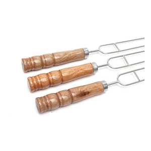 Bán buôn đôi pronged kabobs BBQ xiên Stick kim loại thép không gỉ nướng xiên thịt nướng xiên với tay cầm bằng gỗ - Product Image 2