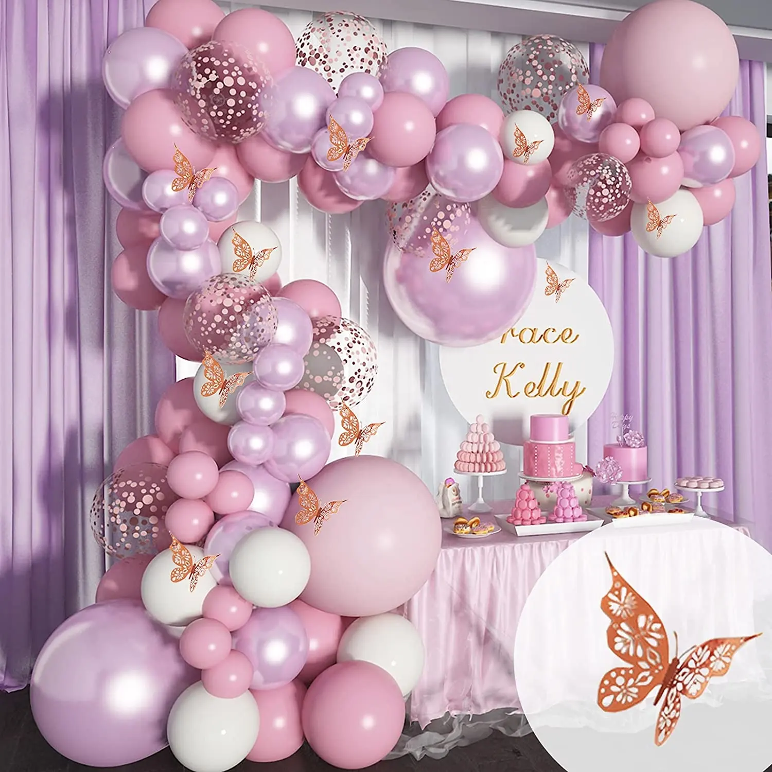Guirnalda de globos rosa con pegatinas de mariposa, kit de arco de globos de confeti cromado púrpura Lila, globos de fiesta de boda, 140 Uds.