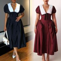 Robe longue élégante pour femme à manches courtes bouffantes et taille ajustée