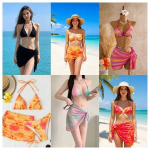 Ensemble bikini 3 pièces pour femme à imprimé floral, avec haut bandeau halter et bas asymétrique, maillot de bain extensible – Fournisseur d'usine - Product Image 5