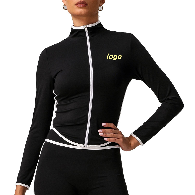 Quick Drying Stand up Collar Women's Zipper Contrast Color Sport Coat Outdoor Run Fitness Long Sleeved Yoga Wear Fitness Jacket