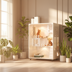 Villa pour chat moderne et fermée avec LED, mobilier de luxe respirant blanc pour animaux de compagnie, maison intérieure pour chat avec <span class=keywords><strong>toit</strong></span> en bois, motif animalier, <span class=keywords><strong>sans</strong></span> assemblage - Product Image 1