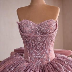 Rsm261029 Magnifique Robe de Bal Quinceañera en Chiffon Rose, Décolleté Cœur, Sans Manches, Dos Lacé, Nœud Pailleté, pour Soirée - Product Image 3