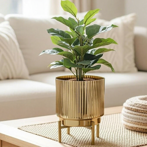 Modern Luxury <b>Gold</b> Plated Metal <b>Planters</b> with Stand Ribbed Cylindrical Flower Pots for Indoor Desktop - Product Image 1