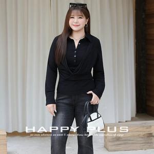 Blusa de punto de manga larga con cuello drapeado y corte ajustado para mujer, talla grande, color negro liso, de algodón - Product Image 5