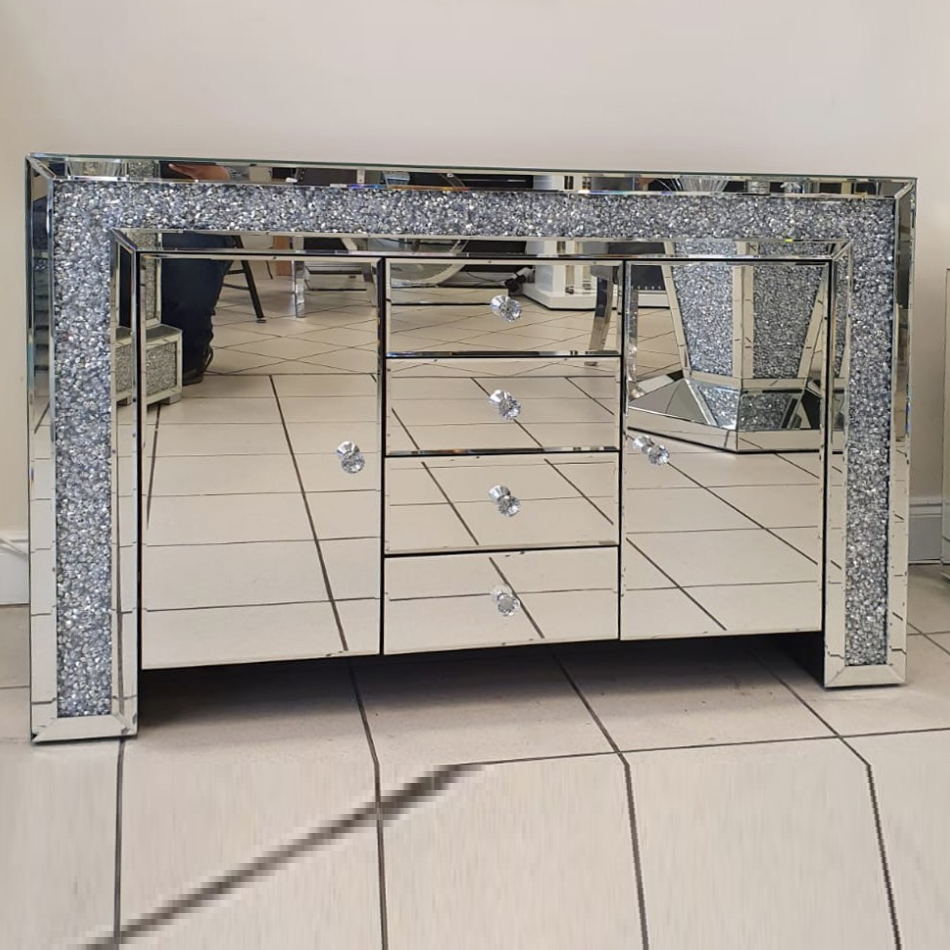 Armoire de console de buffet de luxe à miroir écrasé avec 2 portes 3 tiroirs