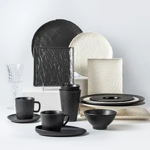 Conjunto de jantar de porcelana cerâmica, estilo japonês, rústico, preto e branco