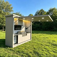 Cabine de cuisine mobile modulaire d'extérieur, kiosque BBQ intelligent, centre de cuisson 6-en-1 avec auvent hydraulique rabattable