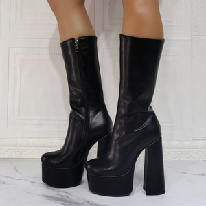 Black Women Round Toe Chunky Heels Under the Knee <b>Boots</b> With Zipper High Platform Women Summer Dress Half Knee High <b>Boots</b> Pumps - Product Image 1