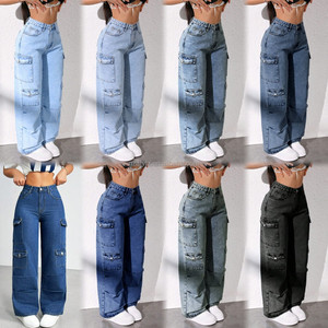 Jeans <span class=keywords><strong>Cargo</strong></span> Larghi Elasticizzati con Grandi Tasche Blu Lavato Stile Americano Nuovi Economici 2025 per Uomo e <span class=keywords><strong>Donna</strong></span> - Product Image 1