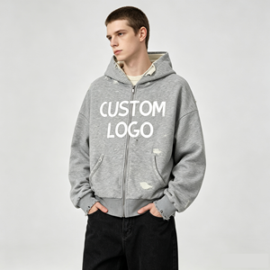 <span class=keywords><strong>Felpa</strong></span> <span class=keywords><strong>con</strong></span> <span class=keywords><strong>Cappuccio</strong></span> e Zip Personalizzata all'Ingrosso, Tessuto Grigio Effetto Vissuto <span class=keywords><strong>con</strong></span> Bordi Sfrangiati, Stampa Logo Personalizzata per Uomo - Product Image 1