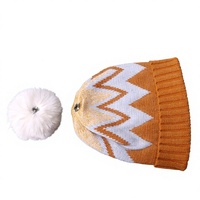 Bonnet en tricot jacquard style nordique avec pompon en fausse fourrure, chapeau chaud d'hiver