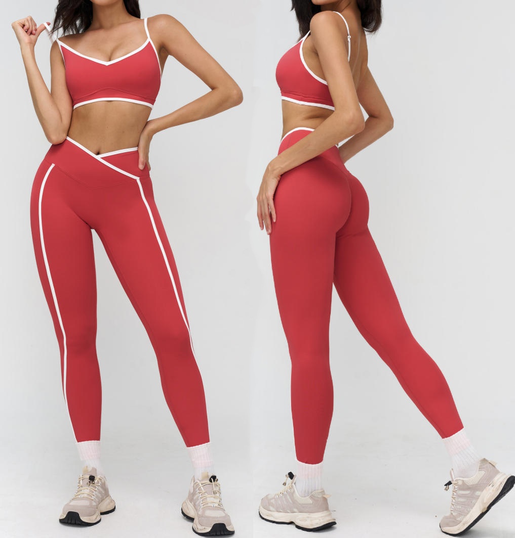 Women Workout Gym Wear Stretchy Adjustable Sports Bra High Waist Leggings Fitness Clothes Yoga Set with Side Stripes