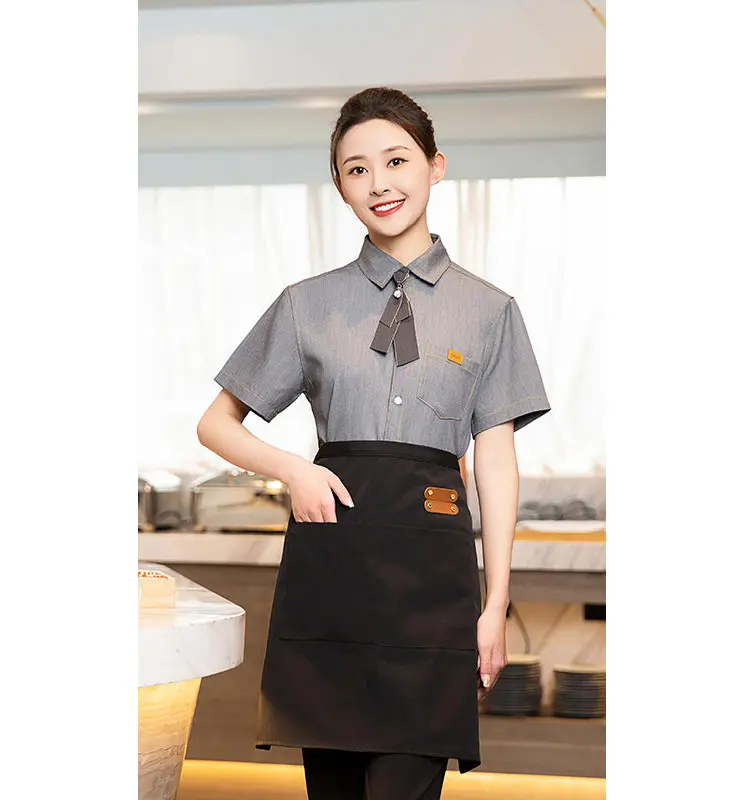 Denim Nhà Hàng Waiteress Làm Việc Tùy Chỉnh In Thêu Logo Unisex Khách Sạn Waiter Đồng Phục Nhân Viên Polo Áo Sơ Mi Cho Làm Sạch Bồi Bàn