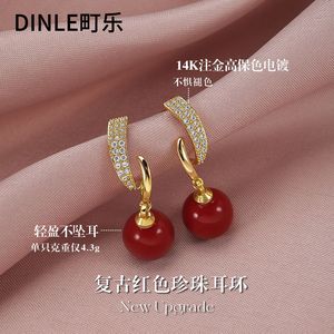 Dinle Red Pearl Drop <b>Earrings</b> Gold Plated With Crystal Studs For Women Party Jewelry 925 Silver Ear <b>Post</b> - Product Image 2