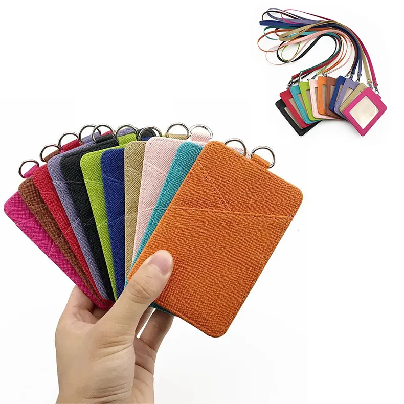 Multi-functions wear resistant PU business card cover trade fair name tag holder promotional gift ID case with long neck lanyard