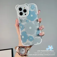 Nouveau mignon 3D ours oreille bleu fleur protection TPU téléphone étui filles à la mode lanière pour iPhone 16 15 14 Pro Max