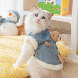 Gilet en jean 3D pour chats et petits chiens, épais et chaud avec laisse, vêtements d'automne et d'hiver pour animaux de compagnie, rembourré, motif animal - Product Image 2