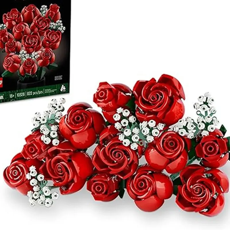 Flores artificiais com rosas, buquê de flores lego acessórios para casa ou dia dos namorados para ele e ela, presente para o dia dos namorados