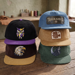Gorras Deportivas Personalizadas OEM con Logotipo Bordado en 2 Tonos, 5 Paneles, Estructuradas, de Pana, con Cierre a Presión - Product Image 1